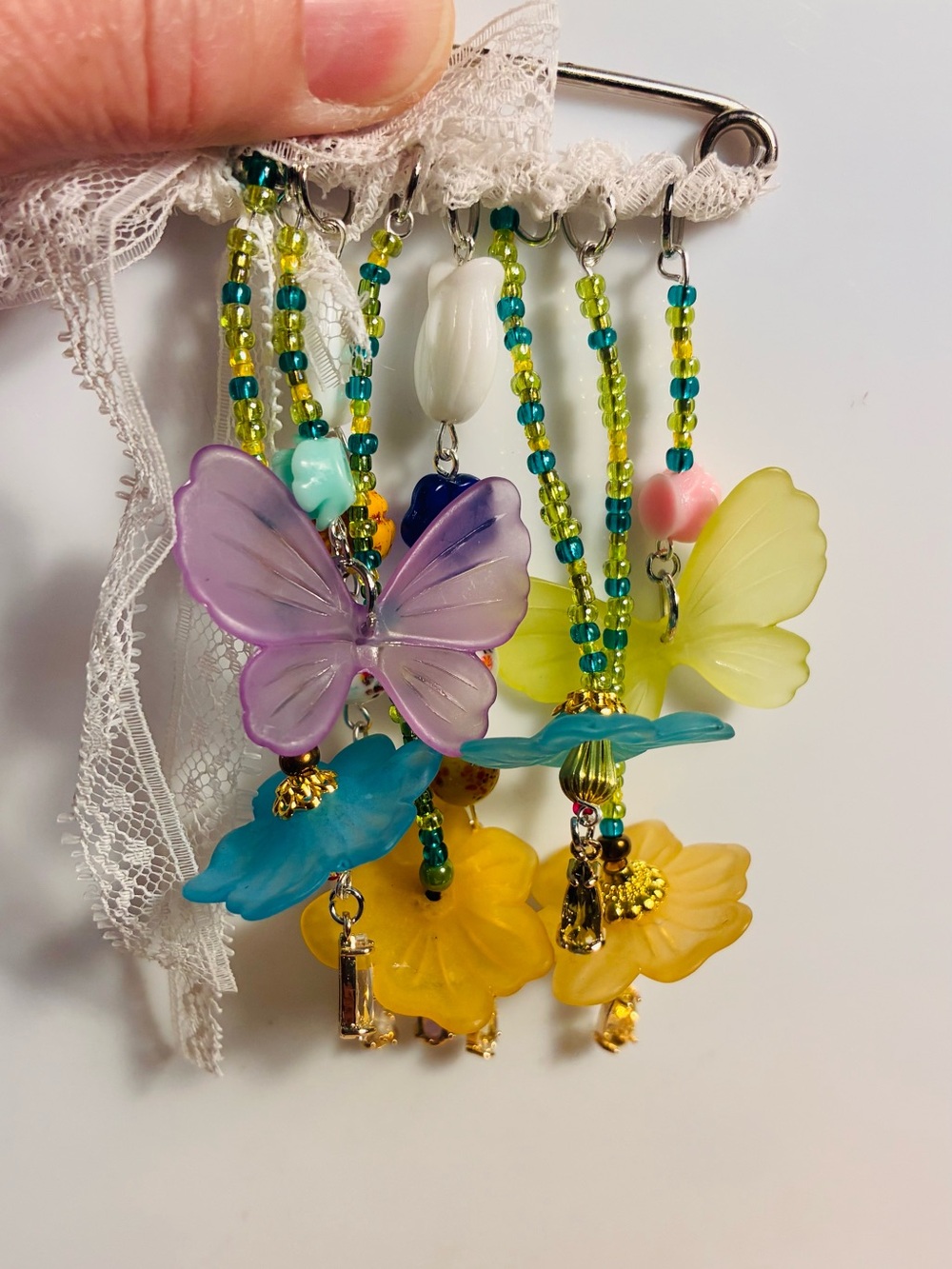 Handmade lucite butterfly and flower brooch